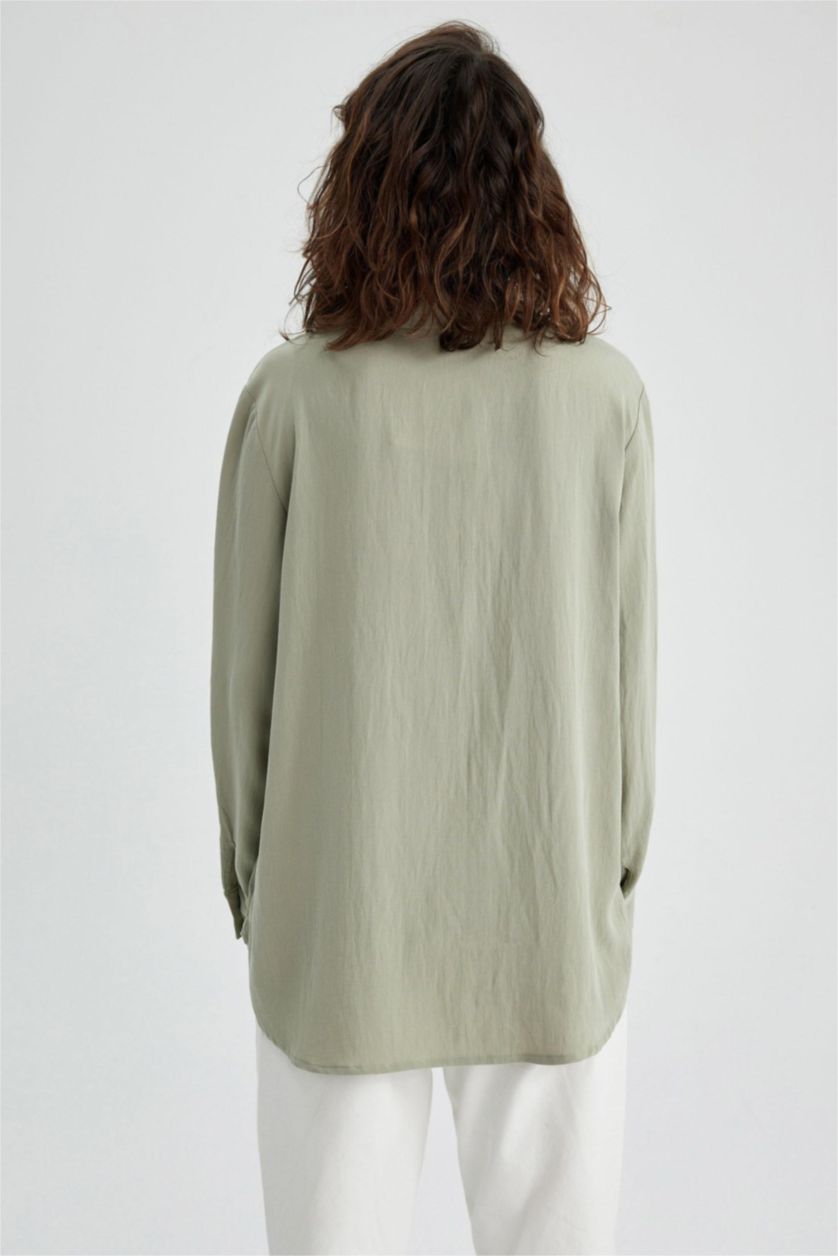 FEMME Kaki Clair Chemises à manches longues Tencel Col De Chemise Poche à rabat