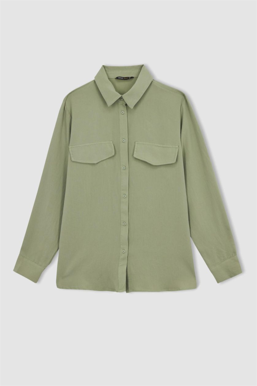 FEMME Kaki Clair Chemises à manches longues Tencel Col De Chemise Poche à rabat