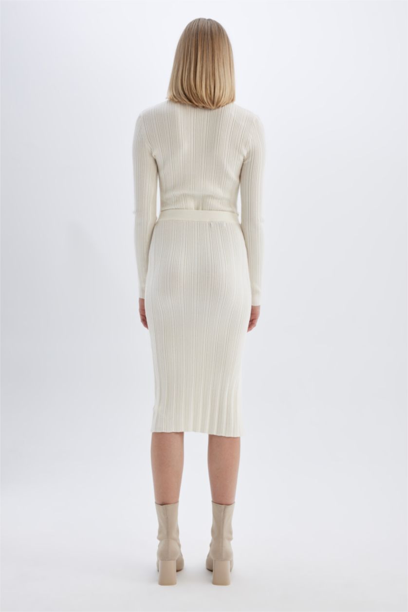 Kadın Taş Slim Fit Dar Kesim Basic Düz Yırtmaçlı Triko Midi Etek