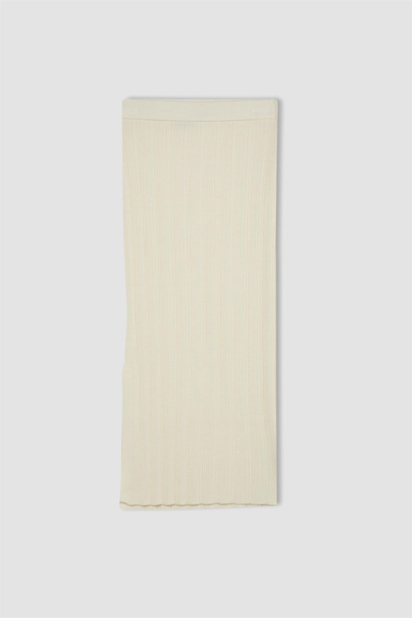 Kadın Taş Slim Fit Dar Kesim Basic Düz Yırtmaçlı Triko Midi Etek