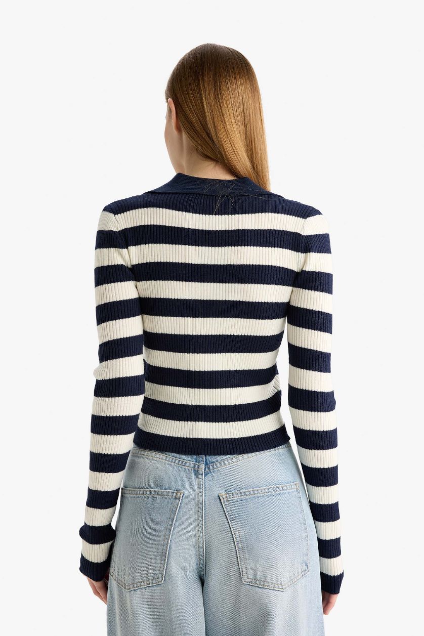Женщины Синий Стильный трикотажный свитер в полоску с поло-воротником узкого кроя