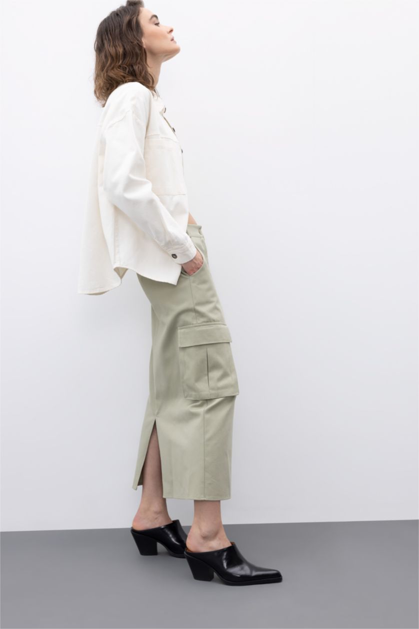 WOMAN Light Khaki Slit Gabardine Midi Skirt with Cargo Pocket