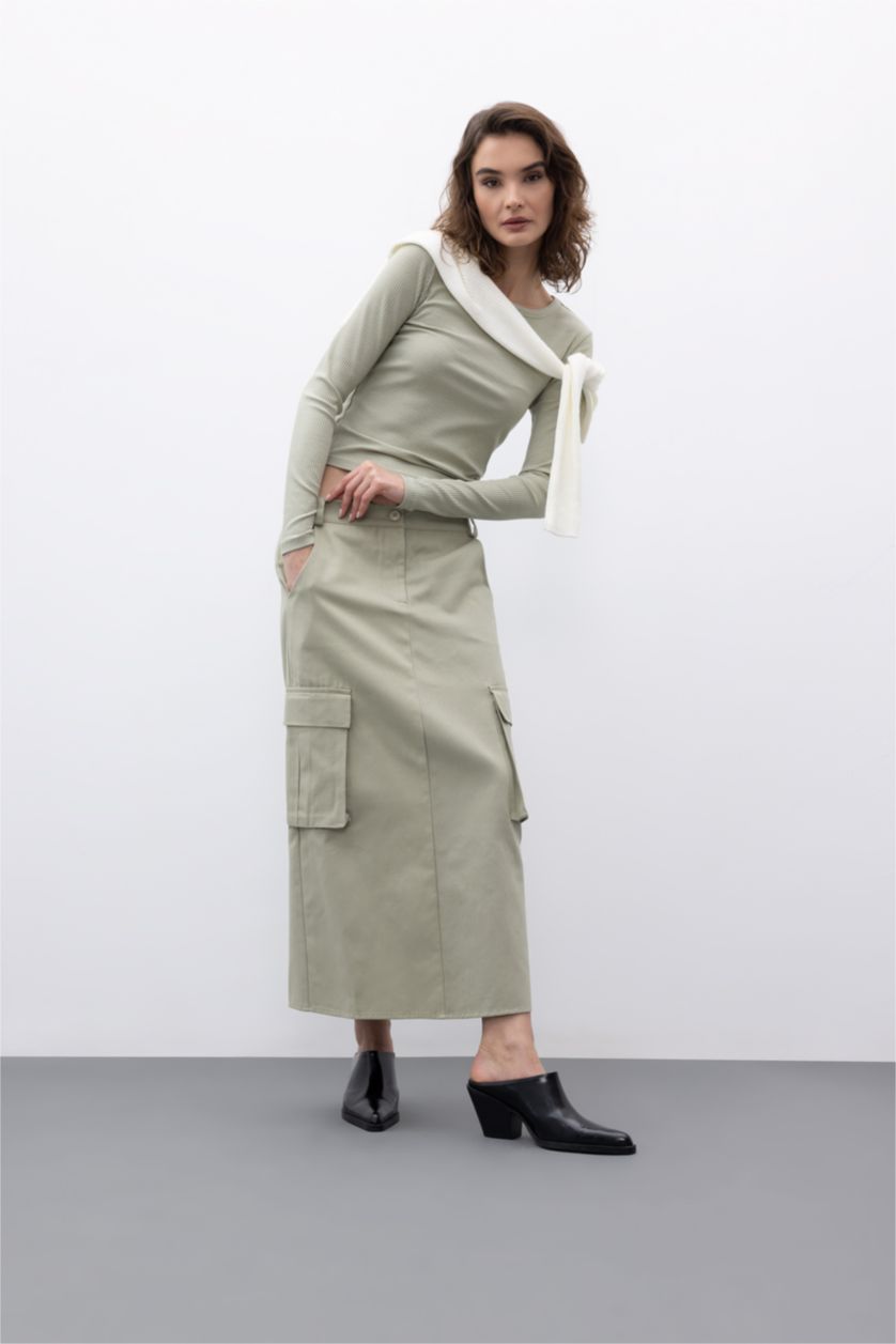WOMAN Light Khaki Slit Gabardine Midi Skirt with Cargo Pocket