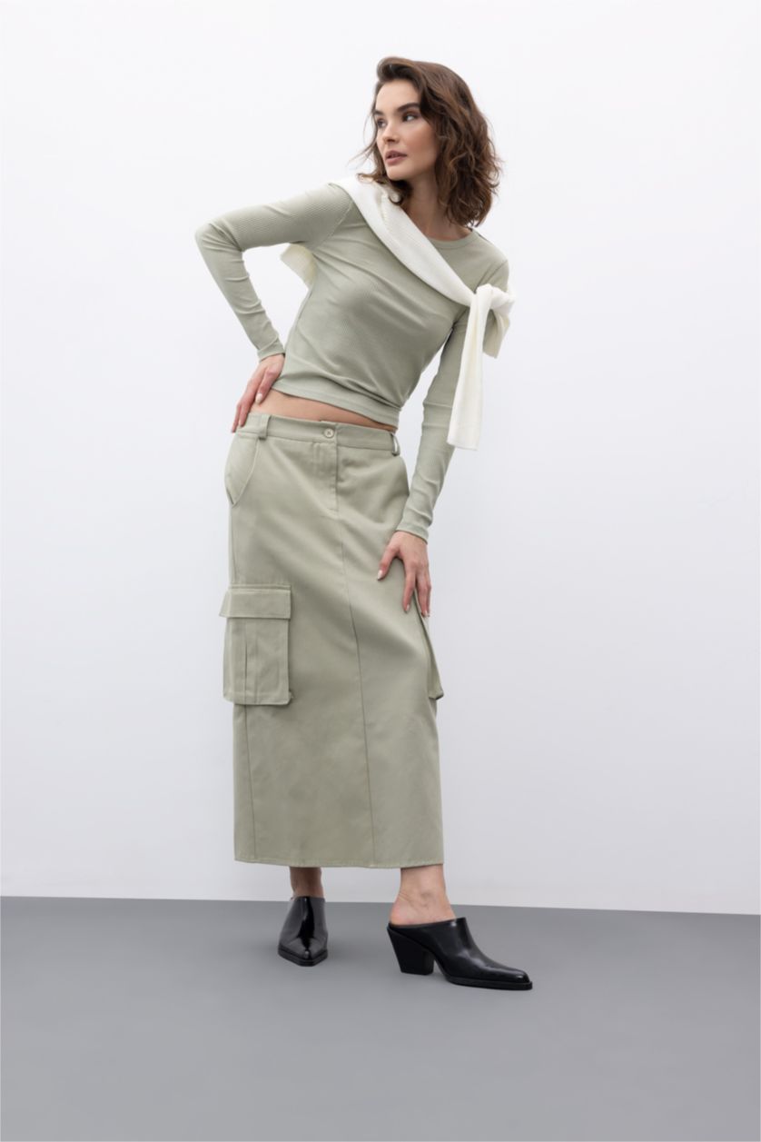 WOMAN Light Khaki Slit Gabardine Midi Skirt with Cargo Pocket