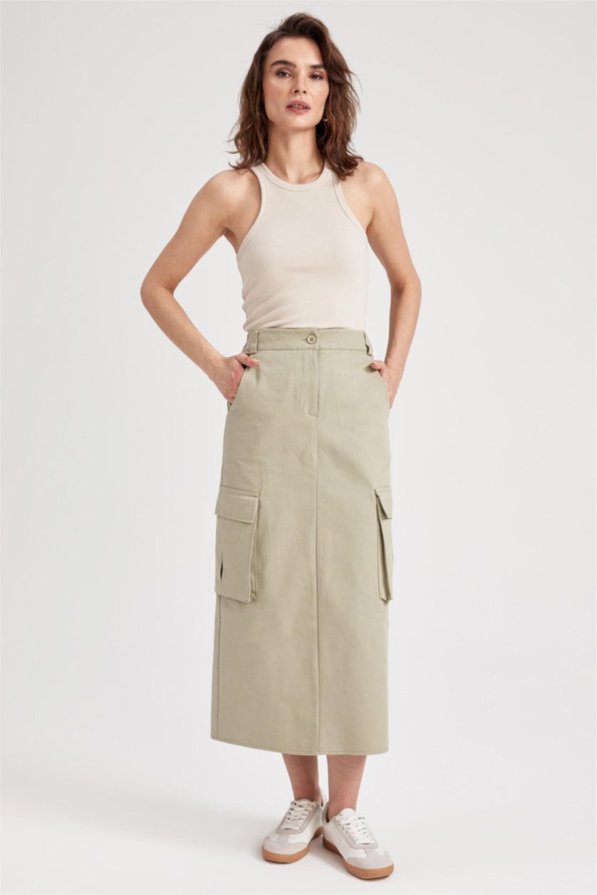 WOMAN Light Khaki Slit Gabardine Midi Skirt with Cargo Pocket