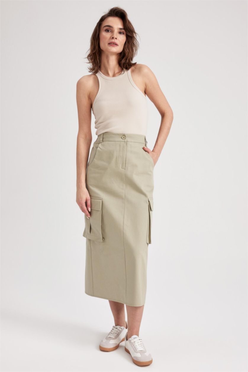 WOMAN Light Khaki Slit Gabardine Midi Skirt with Cargo Pocket