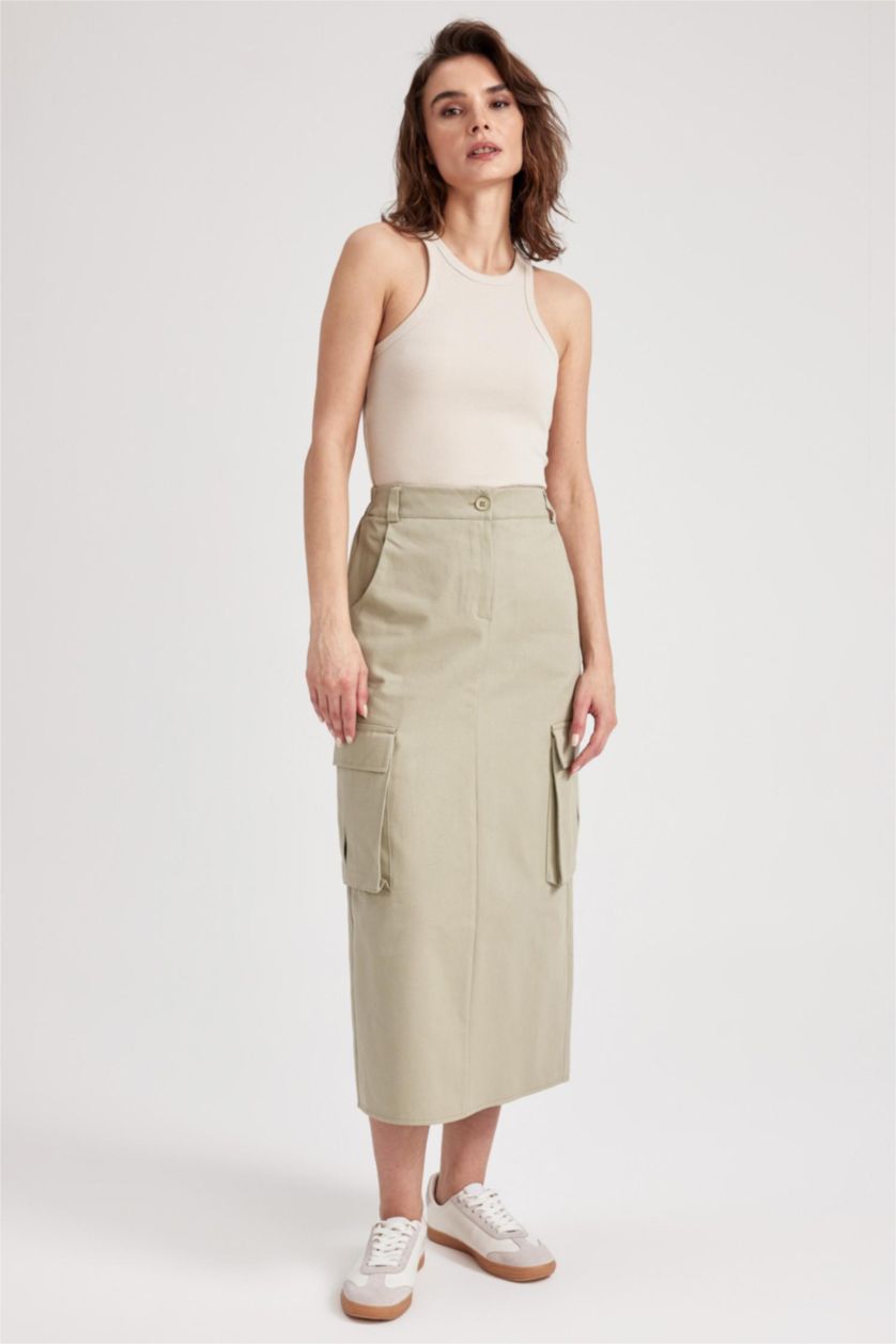 WOMAN Light Khaki Slit Gabardine Midi Skirt with Cargo Pocket