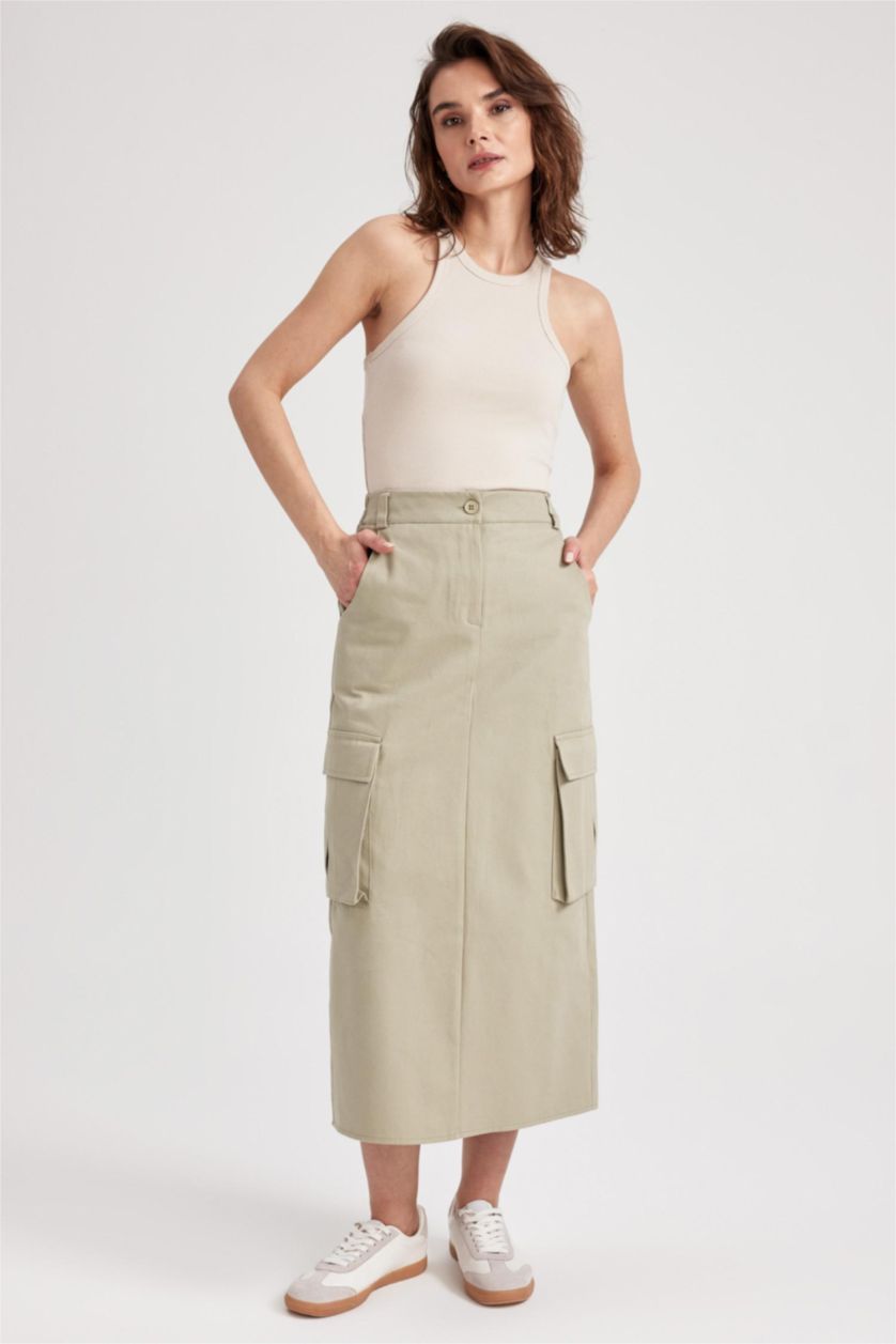 WOMAN Light Khaki Slit Gabardine Midi Skirt with Cargo Pocket