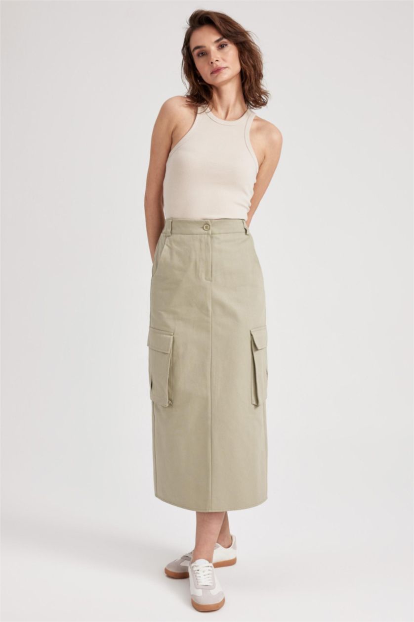 WOMAN Light Khaki Slit Gabardine Midi Skirt with Cargo Pocket