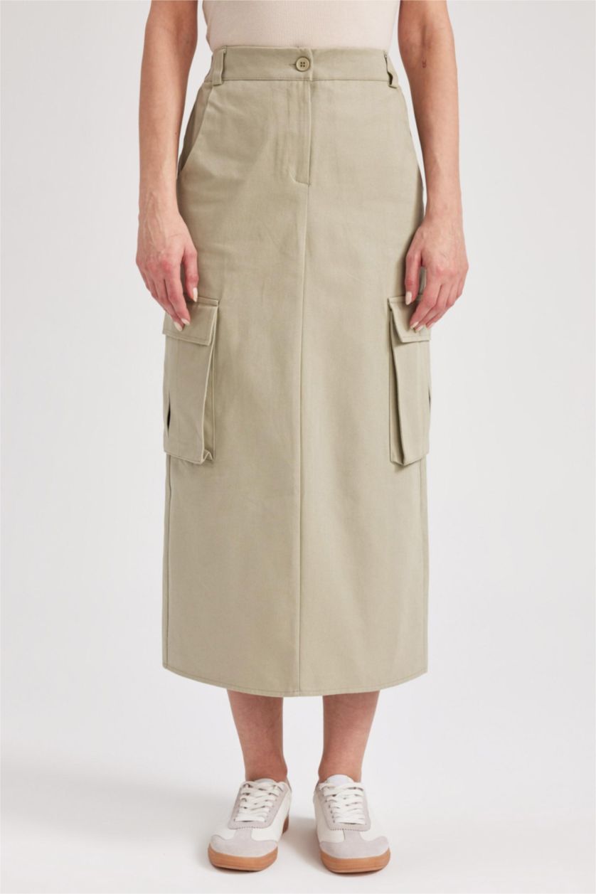 WOMAN Light Khaki Slit Gabardine Midi Skirt with Cargo Pocket