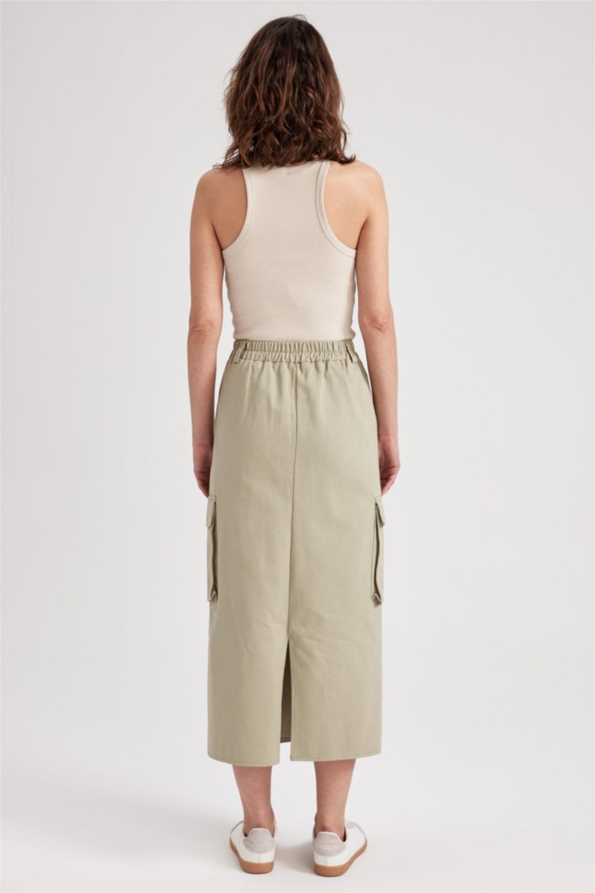 WOMAN Light Khaki Slit Gabardine Midi Skirt with Cargo Pocket