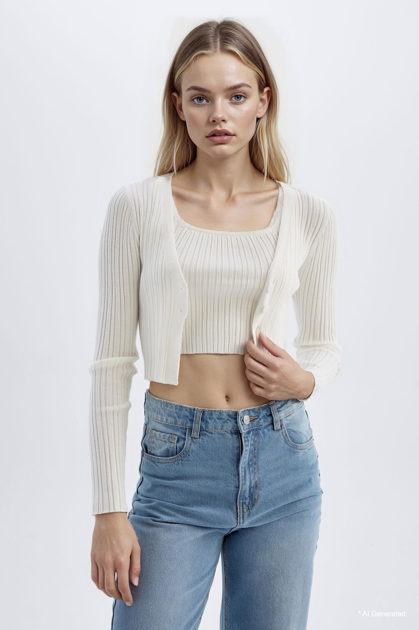 نساء بيج فاتح Regular Fit V-Neck Knitwear Cardigan
