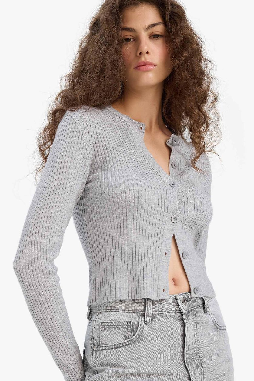 WOMAN Light Grey Regular Fit Crew Neck Knitwear Cardigan