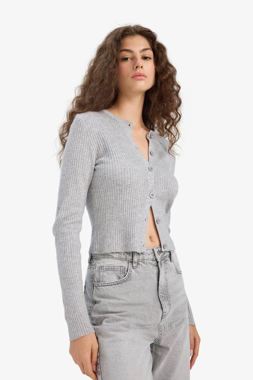 WOMAN Light Grey Regular Fit Crew Neck Knitwear Cardigan