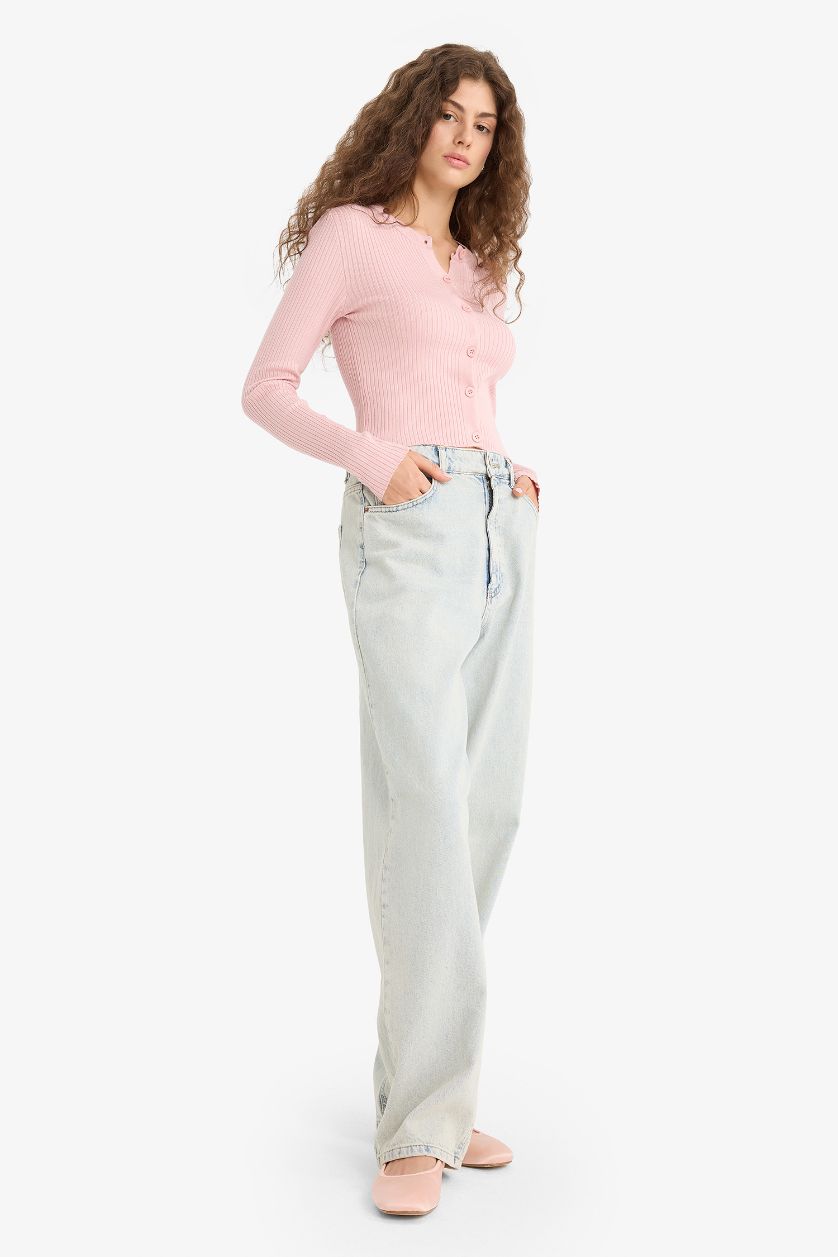 Kadın Pembe Regular Fıt Bisiklet Yaka Triko Hırka