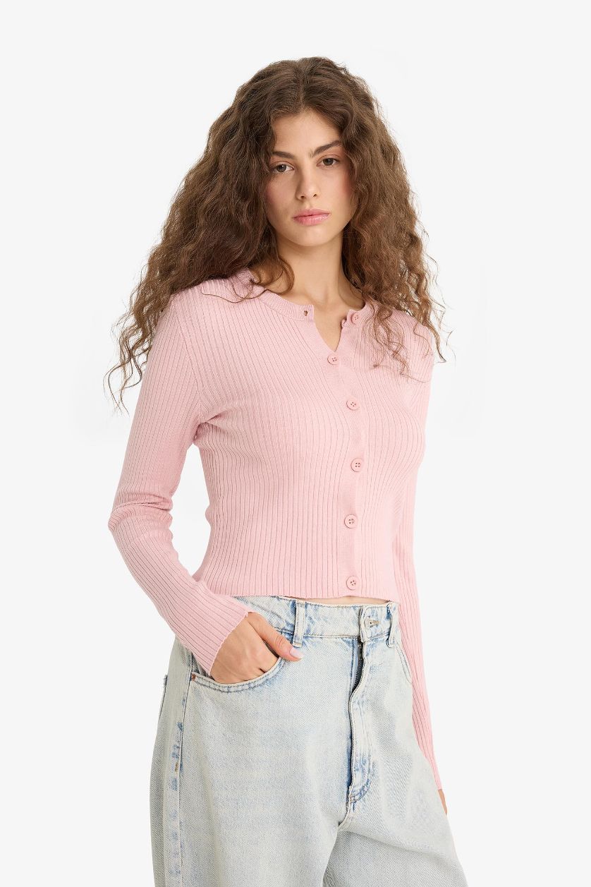 Kadın Pembe Regular Fıt Bisiklet Yaka Triko Hırka