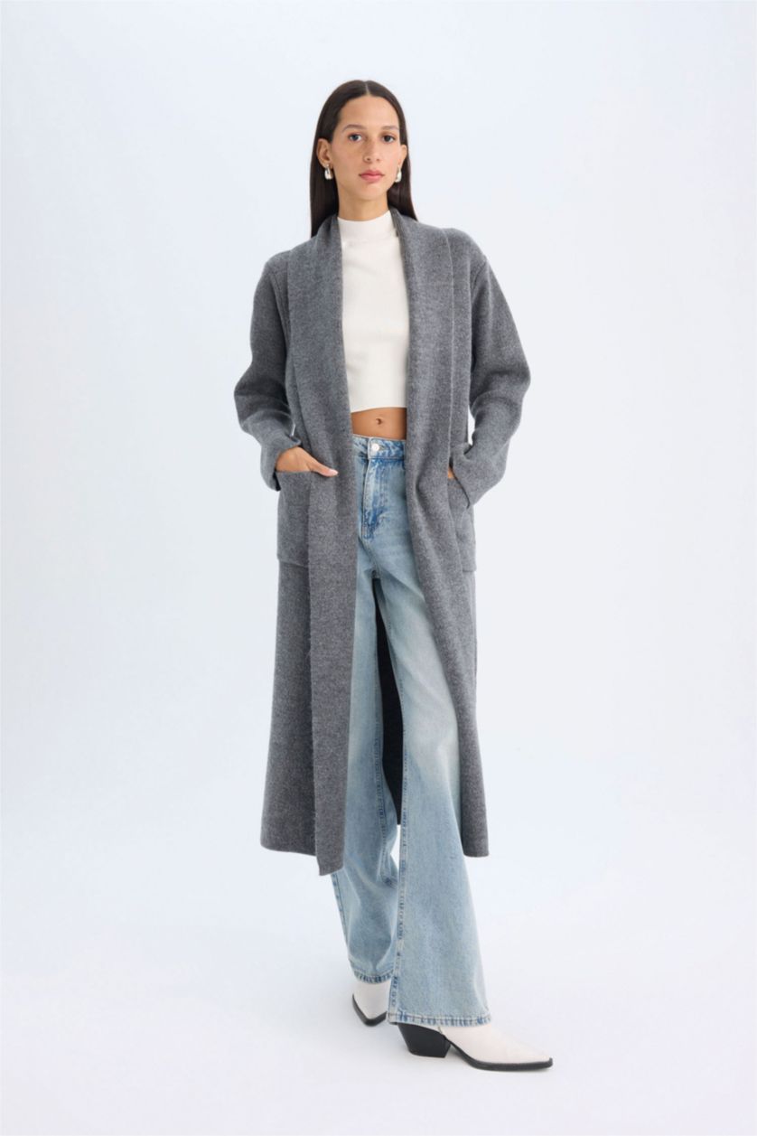 Kadın Antrasit Relax Fit Şal Yaka Basic Düz Kuşaklı Uzun Triko Hırka