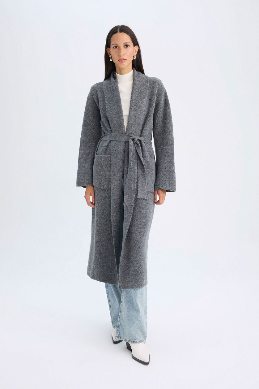 Kadın Antrasit Relax Fit Şal Yaka Basic Düz Kuşaklı Uzun Triko Hırka