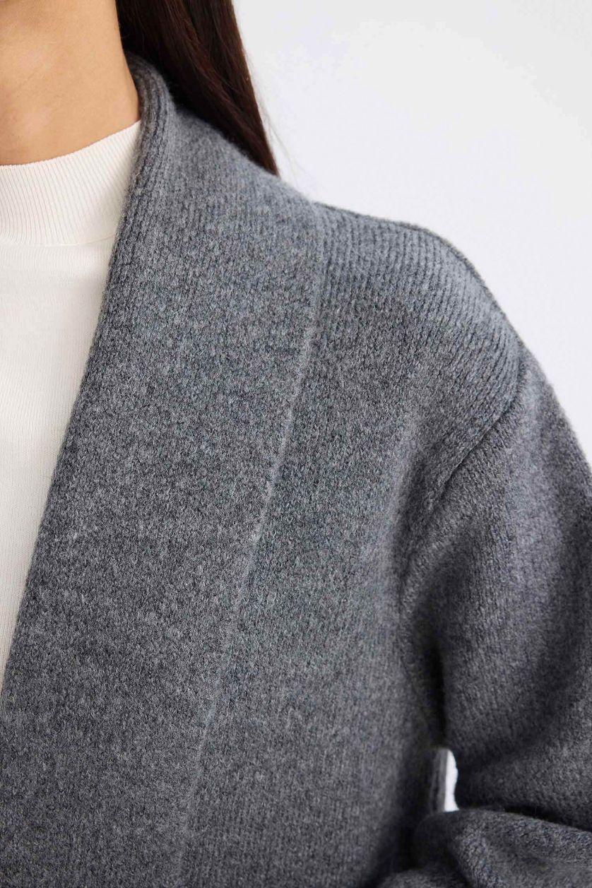 Kadın Antrasit Relax Fit Şal Yaka Basic Düz Kuşaklı Uzun Triko Hırka