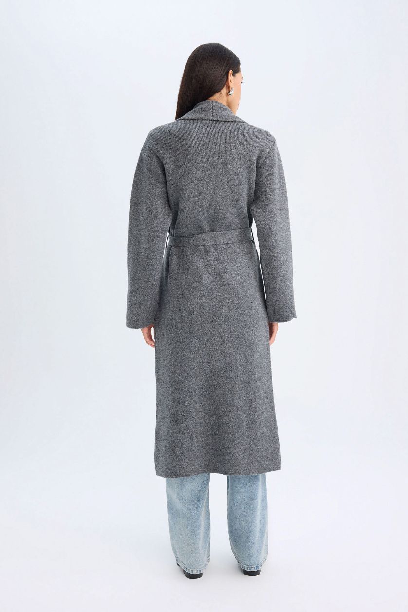 Kadın Antrasit Relax Fit Şal Yaka Basic Düz Kuşaklı Uzun Triko Hırka