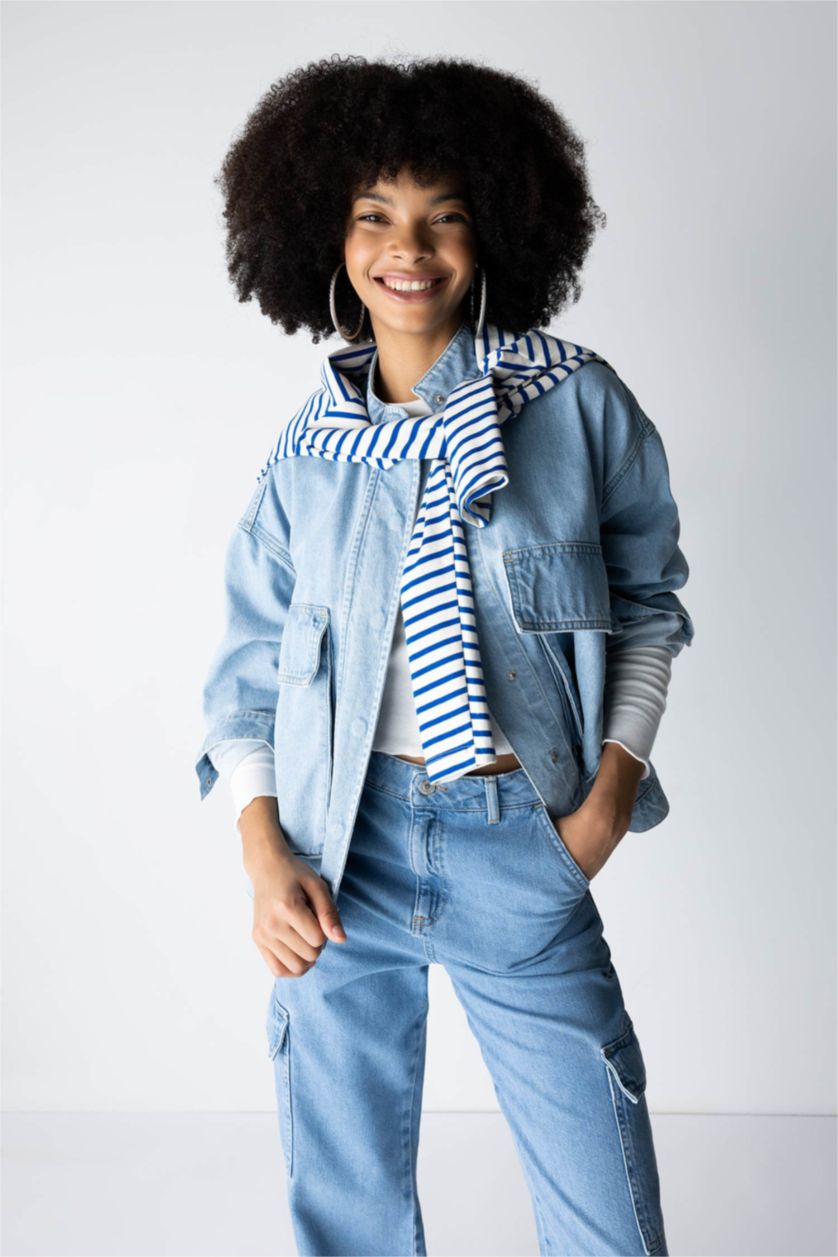 Kadın Açık Mavi Kargo Fit Jean %100 Pamuk Ceket