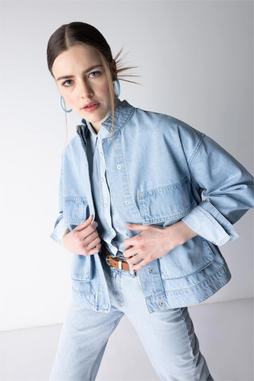 Kadın Açık Mavi Kargo Fit Jean %100 Pamuk Ceket