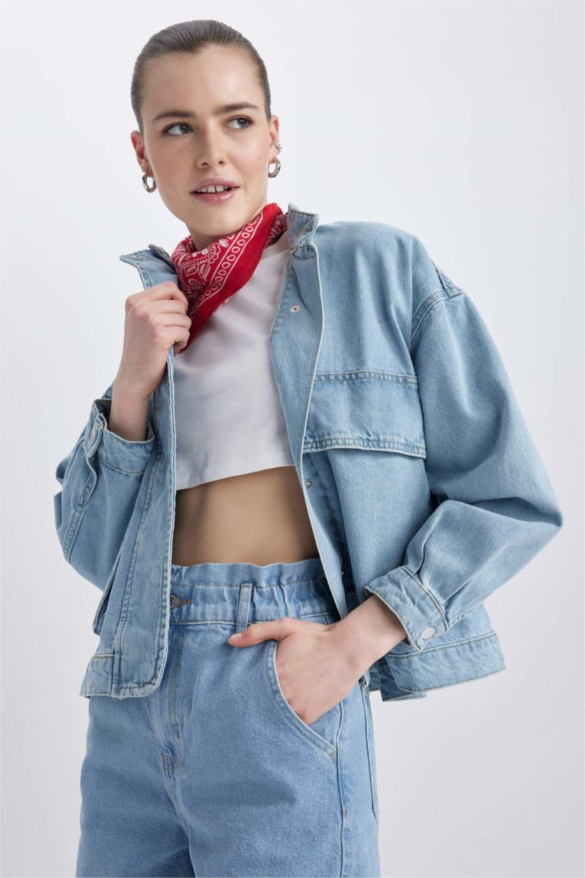 Kadın Açık Mavi Kargo Fit Jean %100 Pamuk Ceket