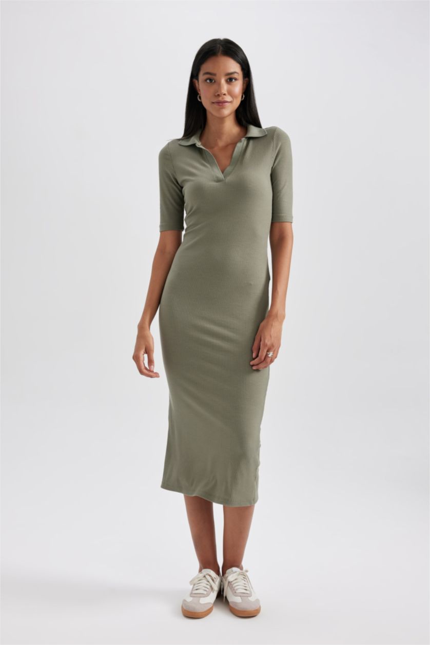 WOMAN Khaki Bodycon Polo Collar Camisole Midi Dress