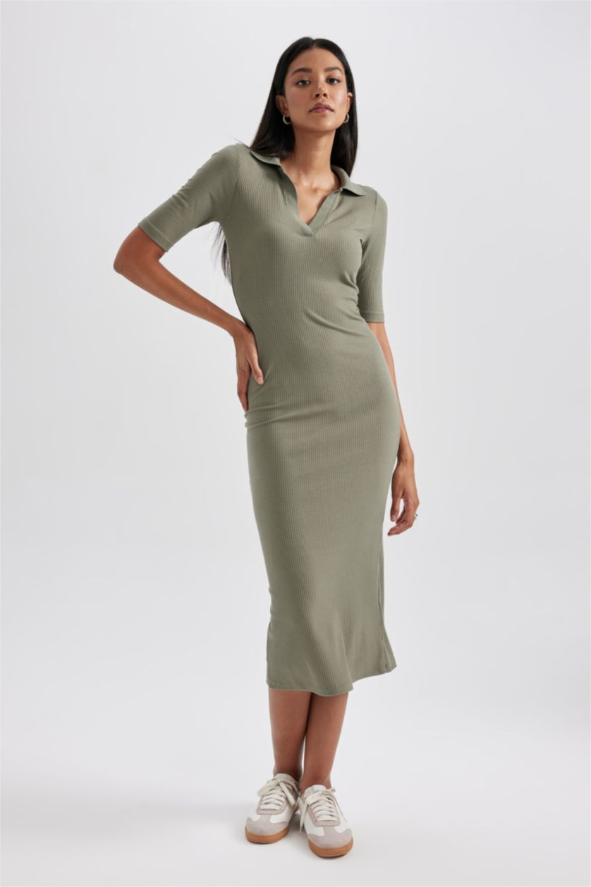 WOMAN Khaki Bodycon Polo Collar Camisole Midi Dress