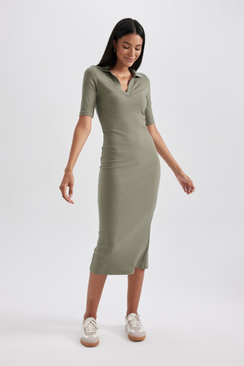 WOMAN Khaki Bodycon Polo Collar Camisole Midi Dress