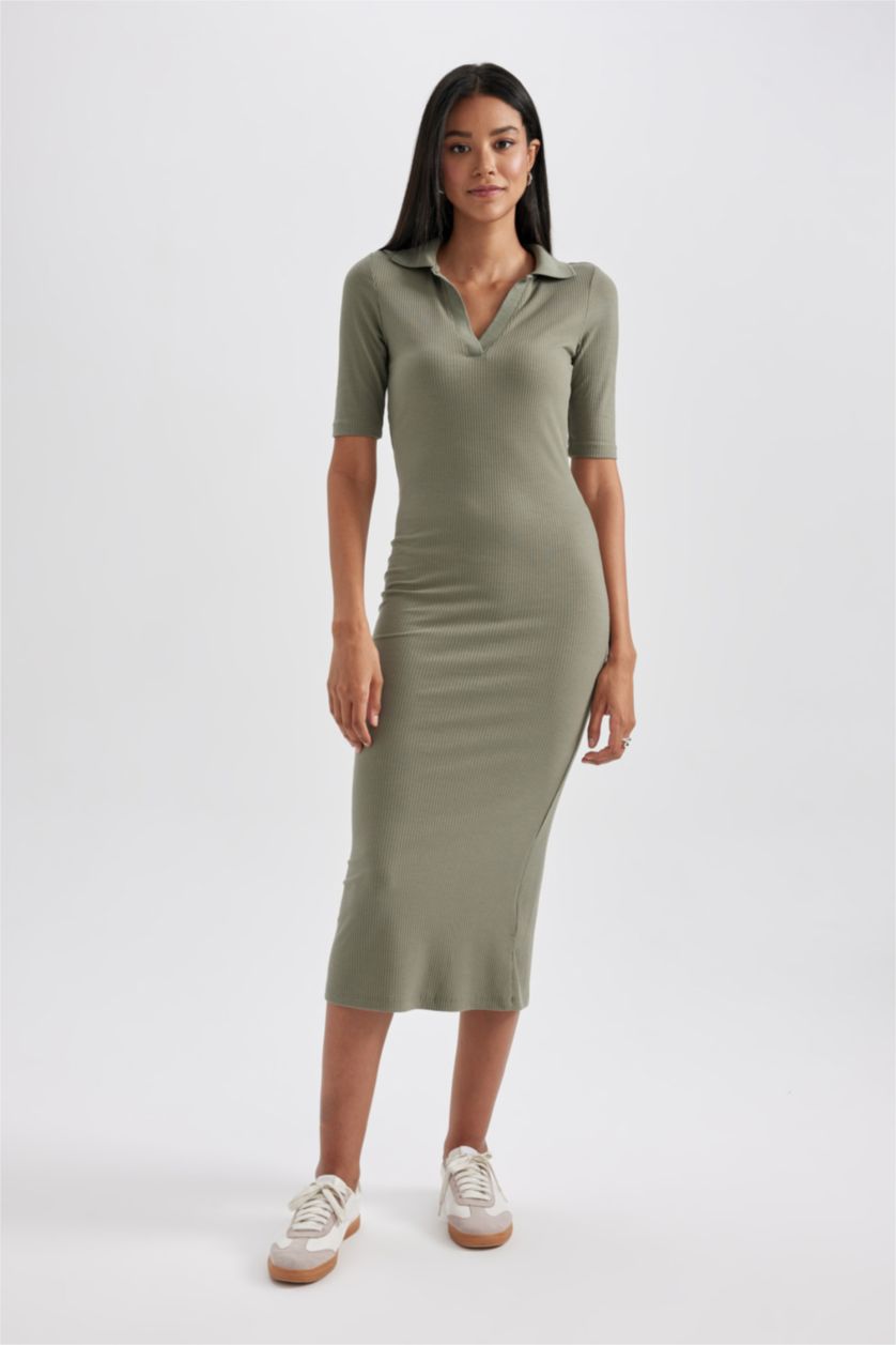WOMAN Khaki Bodycon Polo Collar Camisole Midi Dress