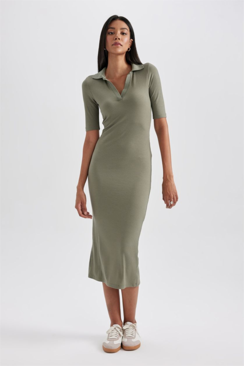 WOMAN Khaki Bodycon Polo Collar Camisole Midi Dress