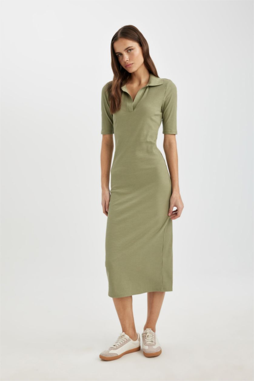 Kadın Açık Haki Bodycon Polo Yaka Vücuda Oturan Basıc Fitilli Kaşkorse Midi Elbise