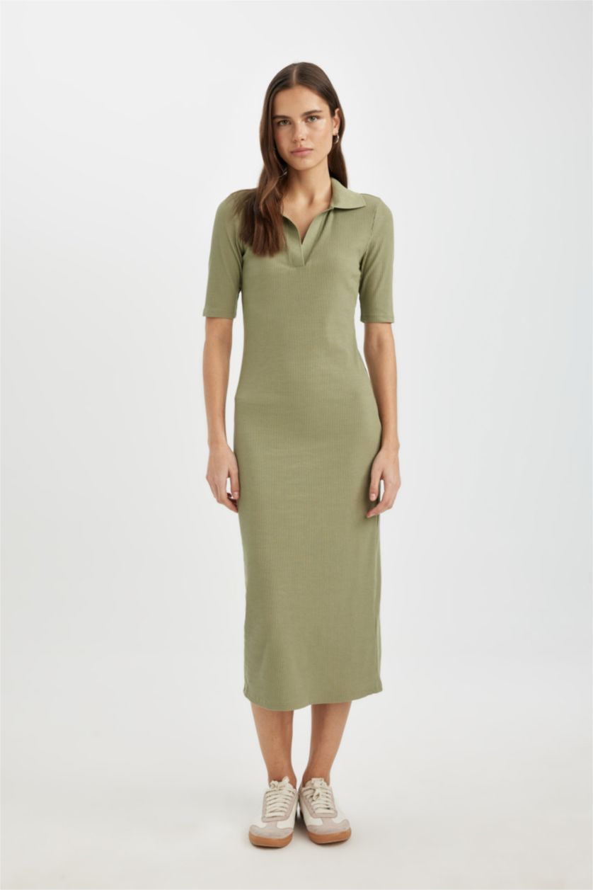 Kadın Açık Haki Bodycon Polo Yaka Vücuda Oturan Basıc Fitilli Kaşkorse Midi Elbise