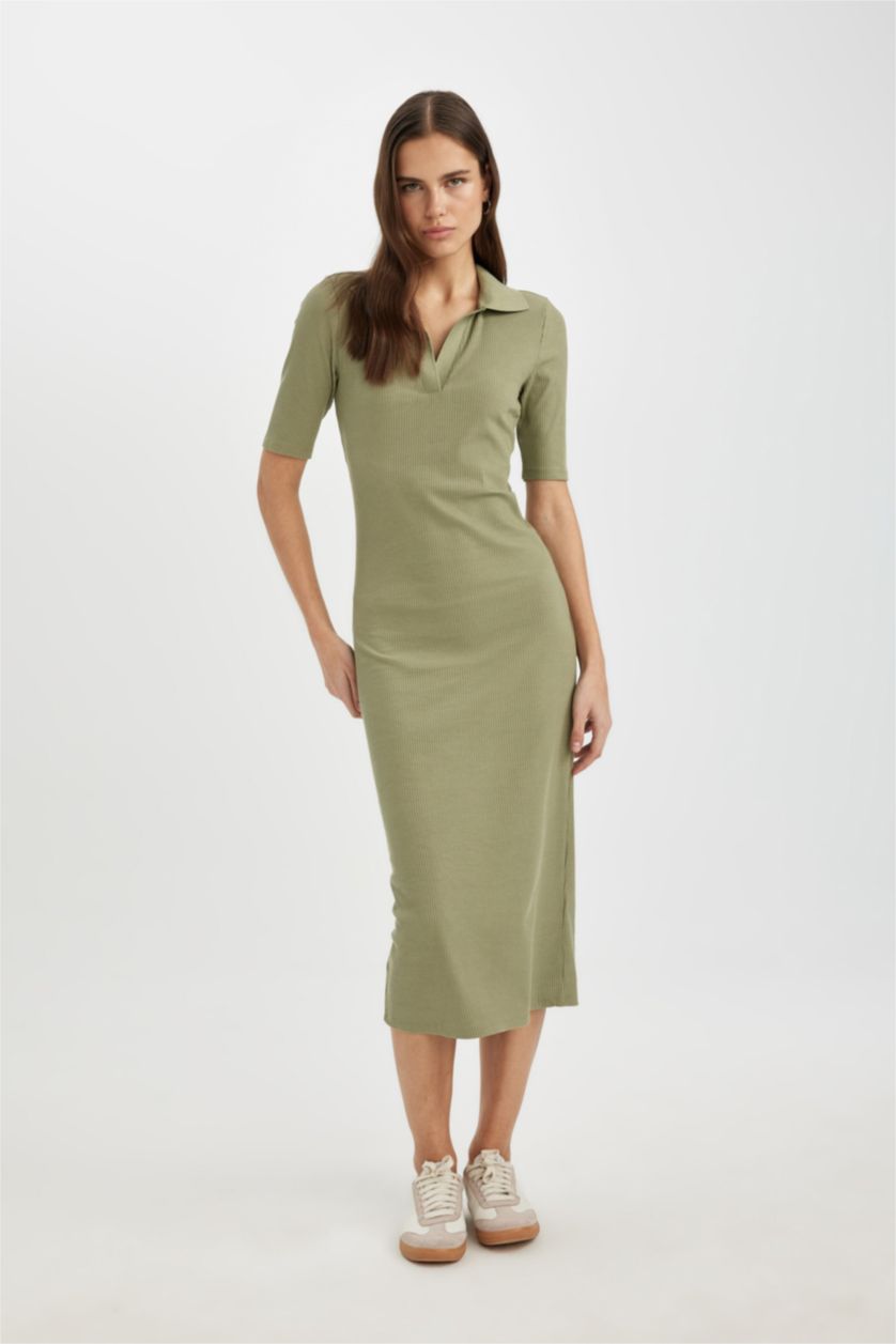 Kadın Açık Haki Bodycon Polo Yaka Vücuda Oturan Basıc Fitilli Kaşkorse Midi Elbise