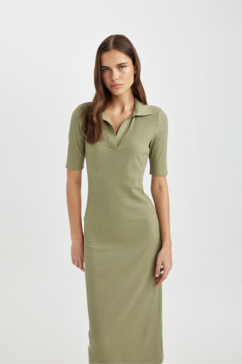 Kadın Açık Haki Bodycon Polo Yaka Vücuda Oturan Basıc Fitilli Kaşkorse Midi Elbise