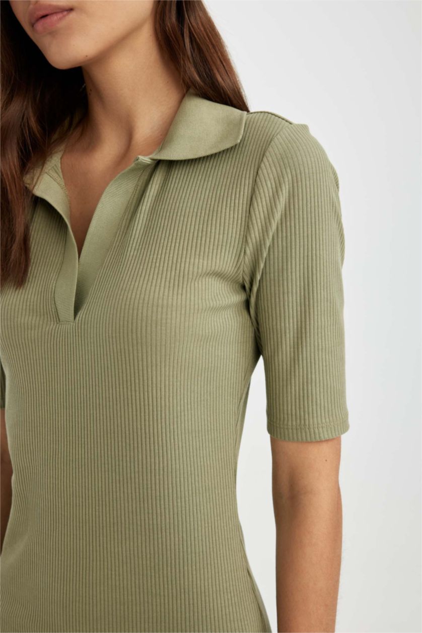 Kadın Açık Haki Bodycon Polo Yaka Vücuda Oturan Basıc Fitilli Kaşkorse Midi Elbise