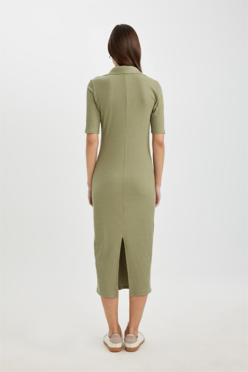 Kadın Açık Haki Bodycon Polo Yaka Vücuda Oturan Basıc Fitilli Kaşkorse Midi Elbise