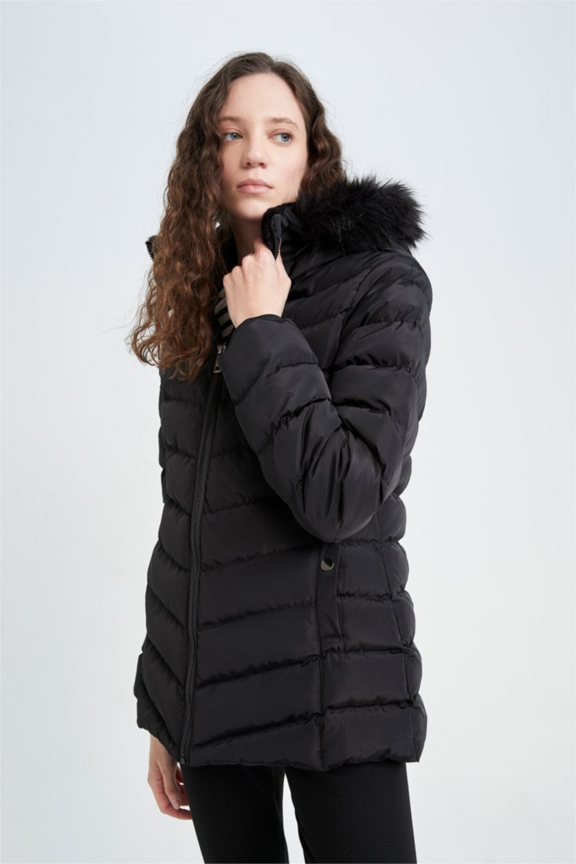 نساء أسود جاكيت قصة عادية بفرو صناعي وتر بروف