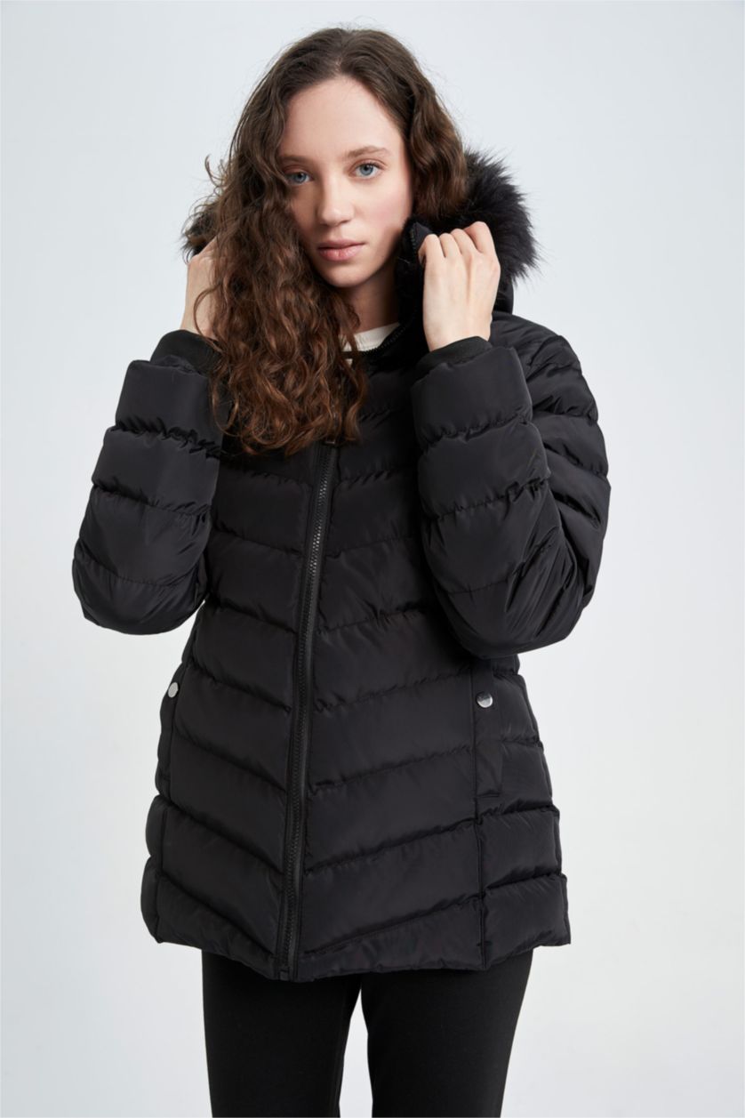 نساء أسود جاكيت قصة عادية بفرو صناعي وتر بروف