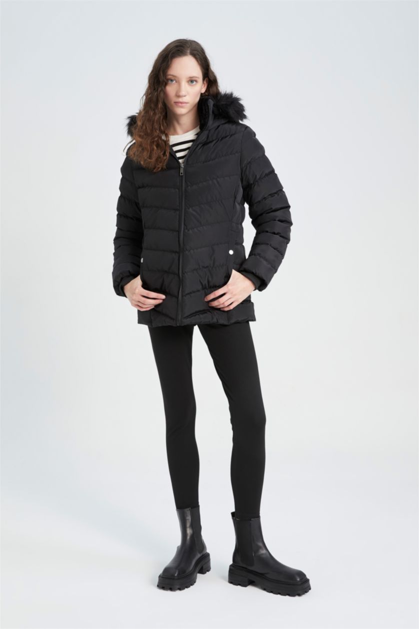 نساء أسود جاكيت قصة عادية بفرو صناعي وتر بروف