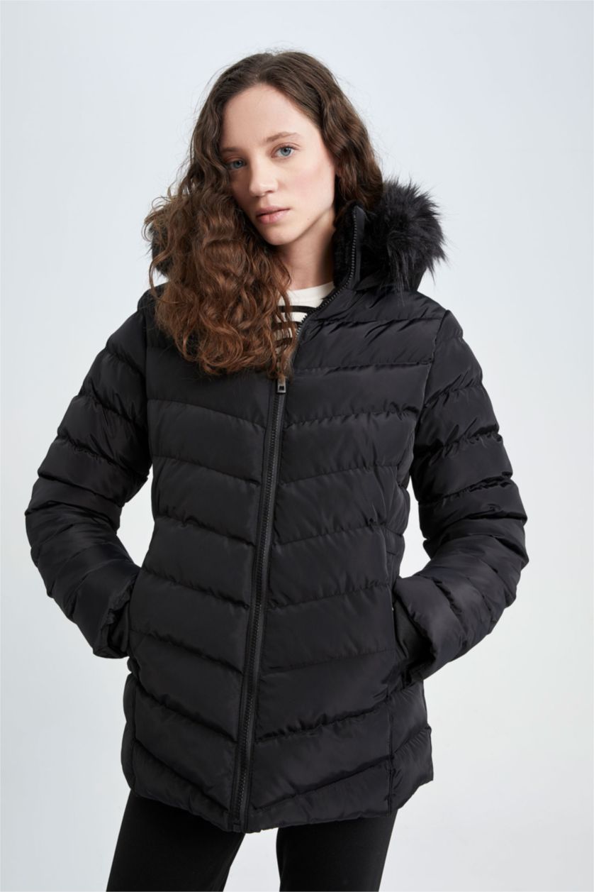 نساء أسود جاكيت قصة عادية بفرو صناعي وتر بروف