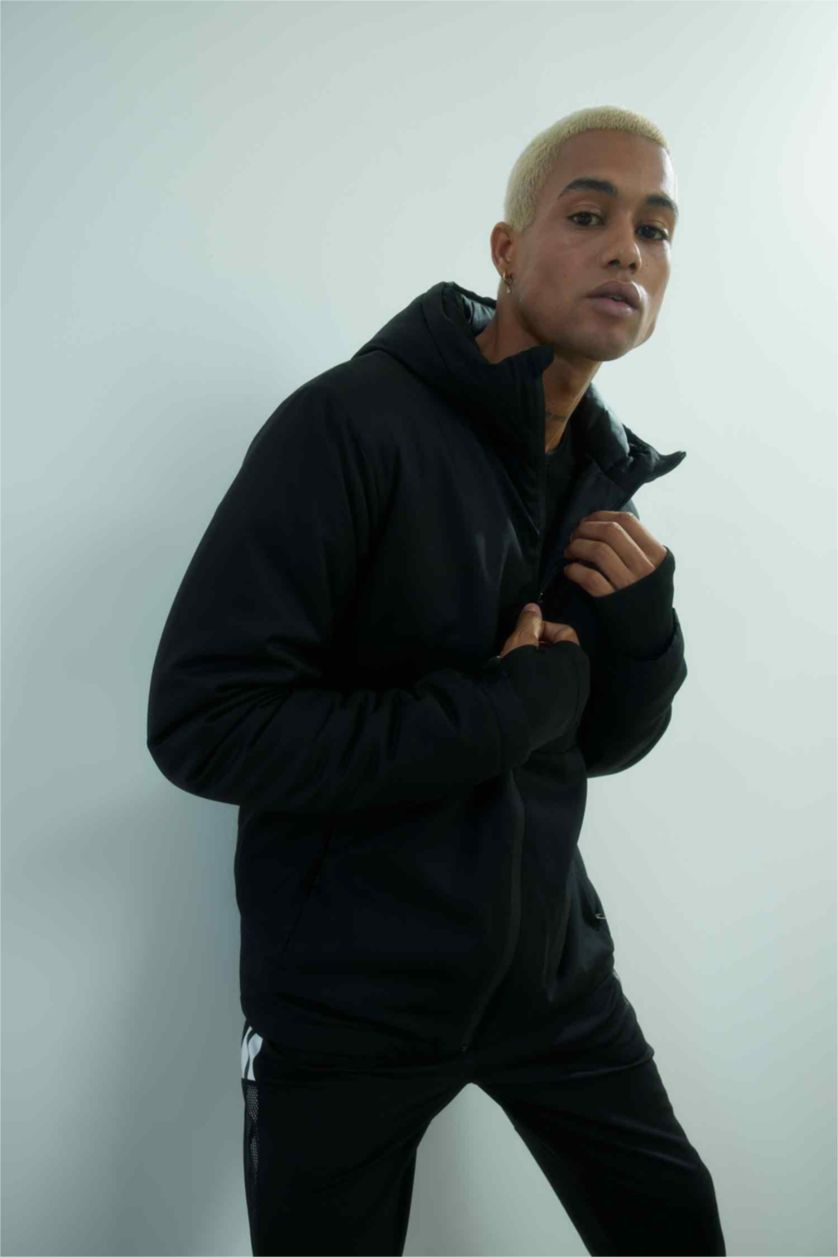 Erkek Siyah Su İtici Mont Kapüşonlu Fermuarlı Cepli