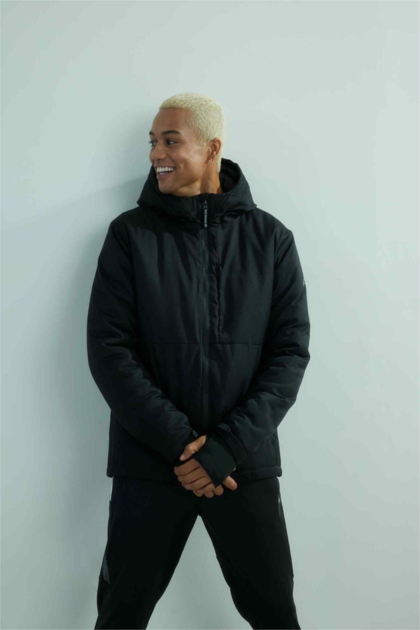 Erkek Siyah Su İtici Mont Kapüşonlu Fermuarlı Cepli
