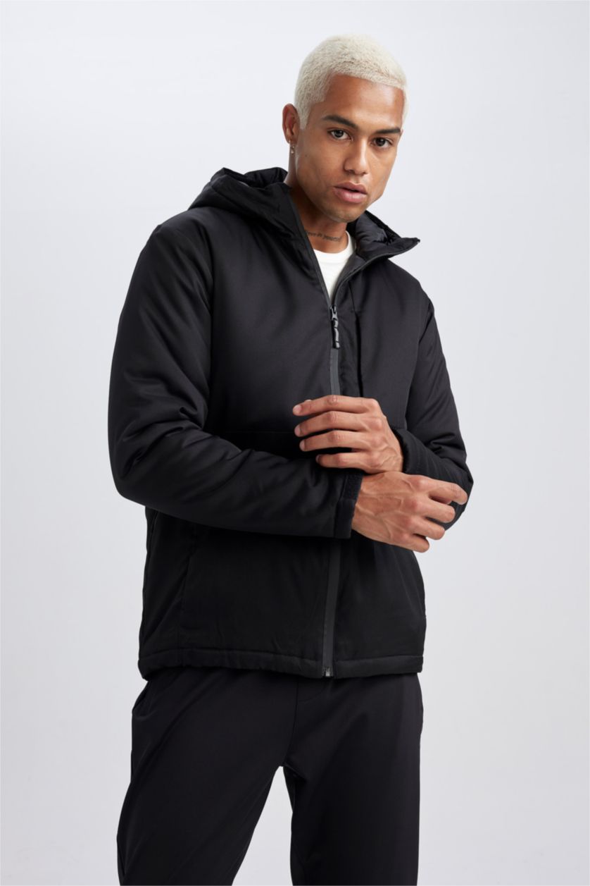 Erkek Siyah Su İtici Mont Kapüşonlu Fermuarlı Cepli