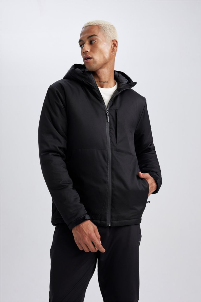 Erkek Siyah Su İtici Mont Kapüşonlu Fermuarlı Cepli