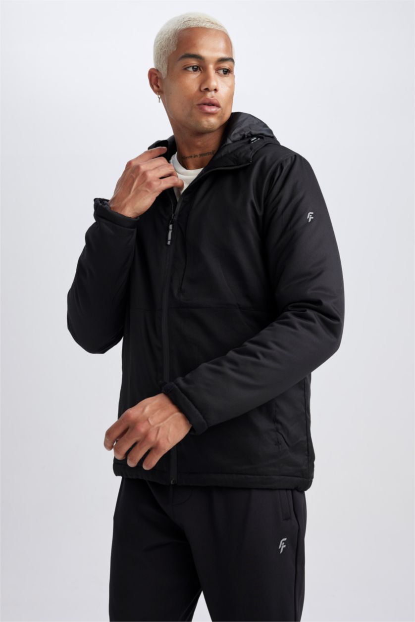 Erkek Siyah Su İtici Mont Kapüşonlu Fermuarlı Cepli