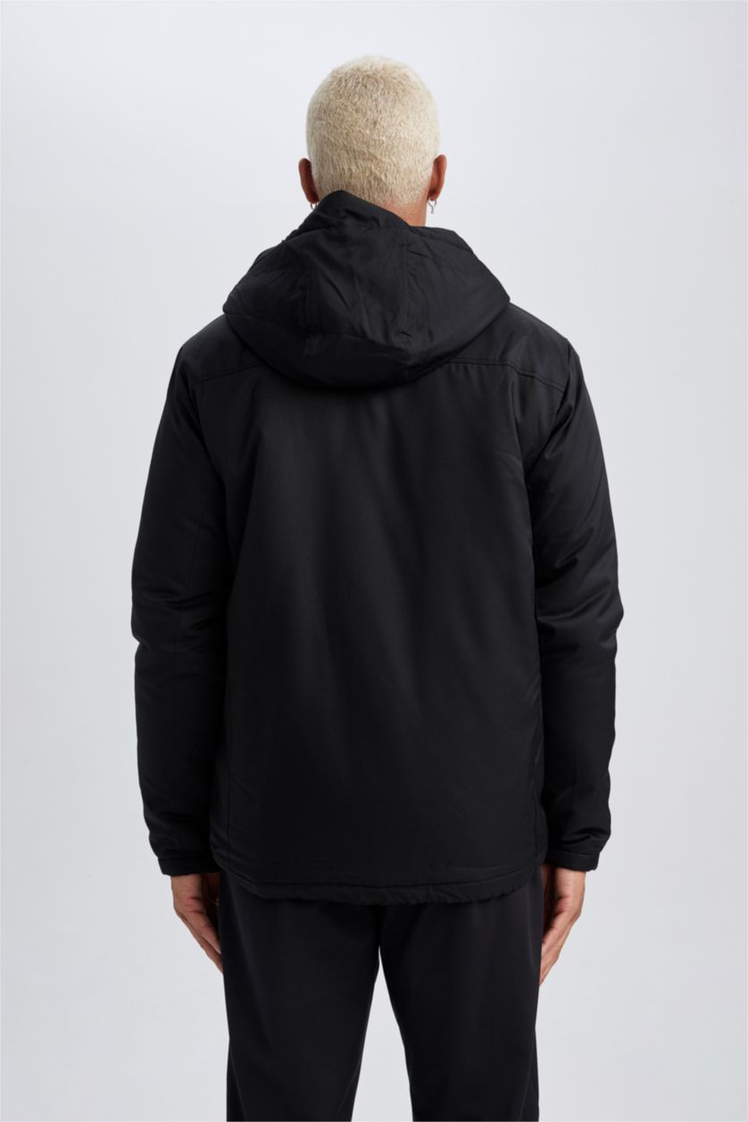 Erkek Siyah Su İtici Mont Kapüşonlu Fermuarlı Cepli