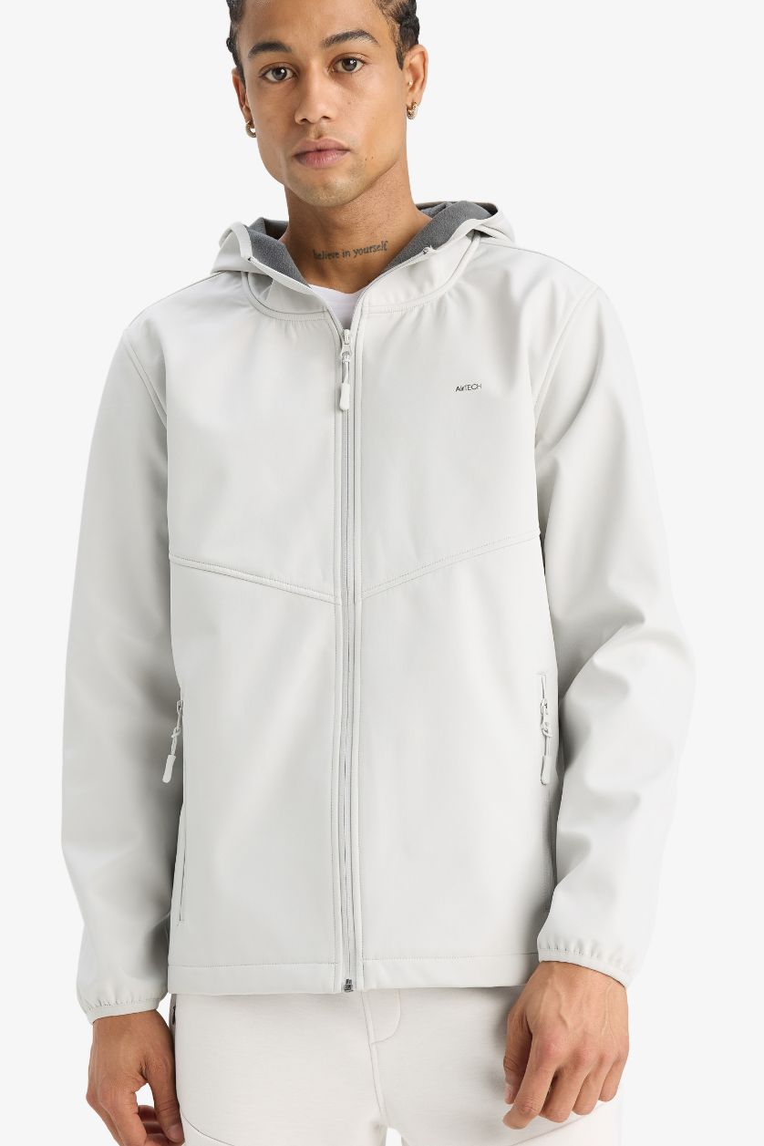 رجالي اللون الحجري جاكيت مطر وتر بروف خفيف سوفتشيل قصة عادية من DeFactoFit