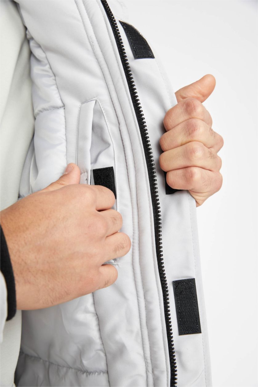 Man Light Grey DeFactoFit Water Repellent Regular Fit Long Puffer Jacket